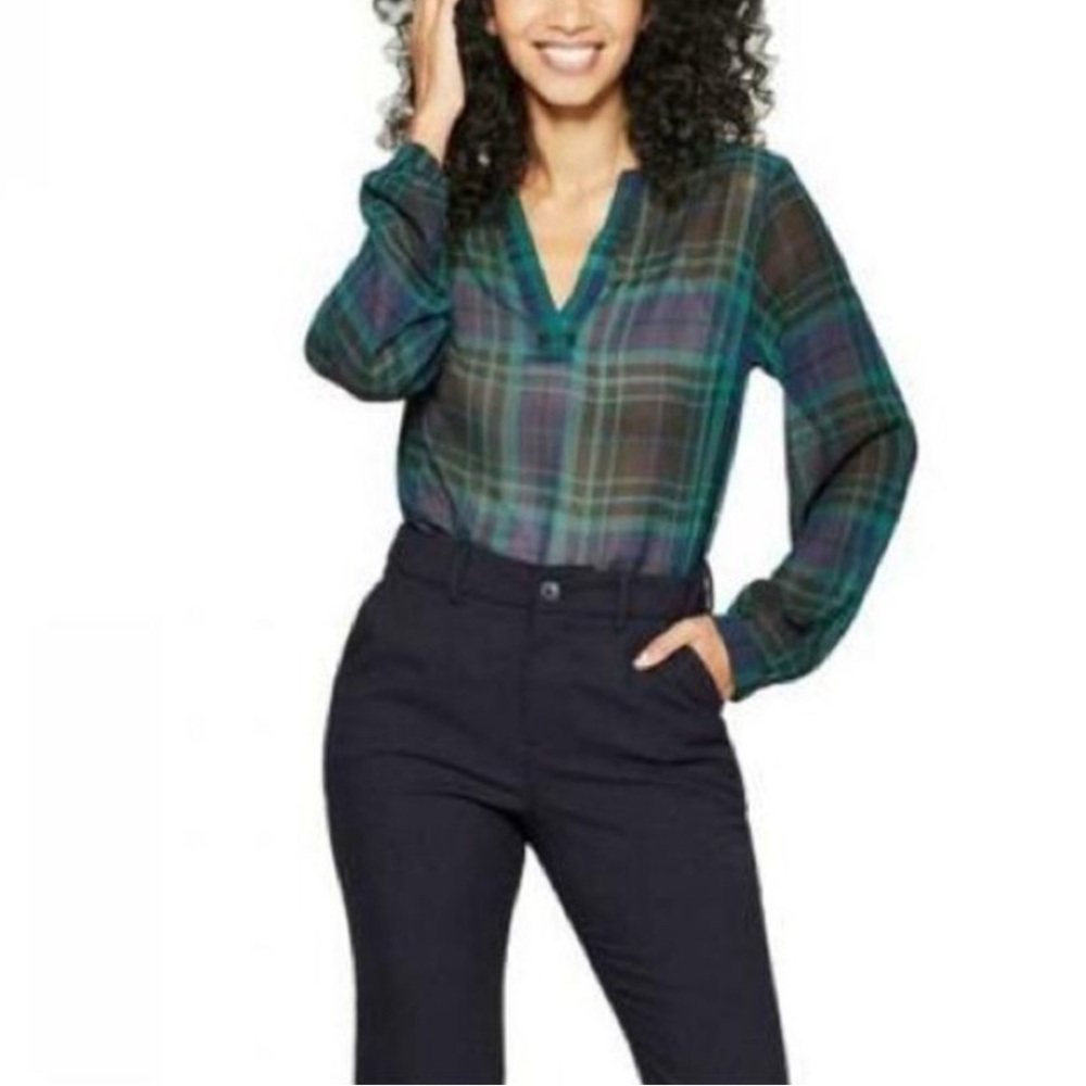 A New Day Blue Green Plaid Blouse, Size Large